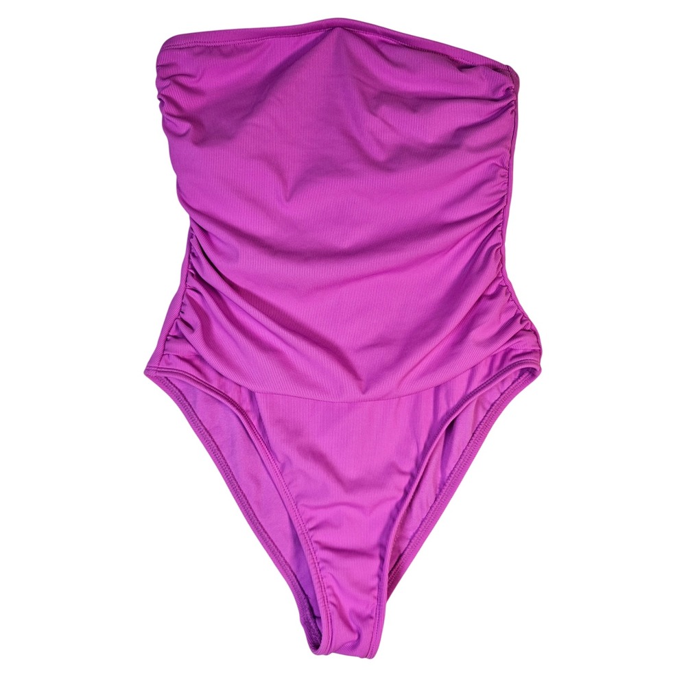 Shade & Shore Magenta Purple Ribbed Ruched Strapless One Piece Swimsuit Medium